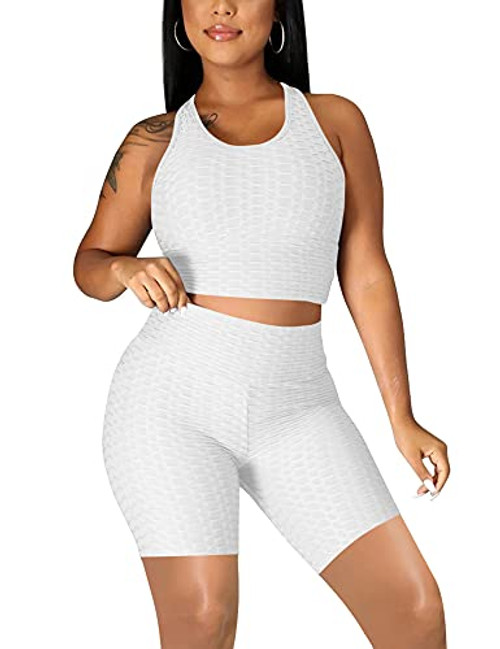 Women's 2 Piece Workout Outfits Tracksuit GYM Sexy Crop Tank Top Biker Shorts Set, X-Large, White Women's 2 Piece Workout Outfits Tracksuit GYM Sexy Crop Tank Top Biker Shorts Set, X-Large, White