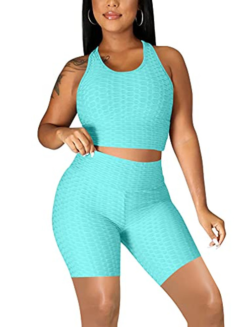 Women's 2 Piece Workout Outfits Tracksuit GYM Sexy Crop Tank Top Biker Shorts Set, Large, Light Blue Women's 2 Piece Workout Outfits Tracksuit GYM Sexy Crop Tank Top Biker Shorts Set, Large, Light Blue