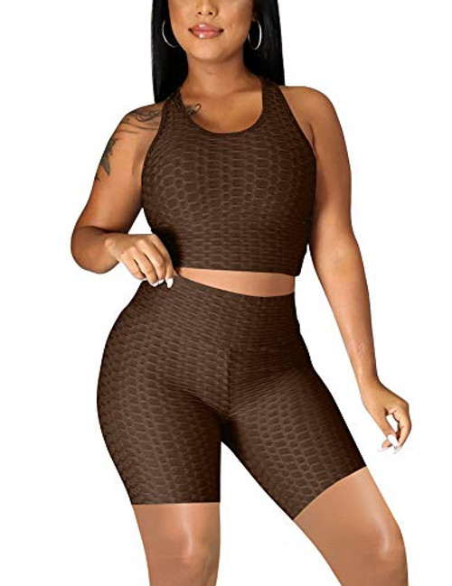 Women's 2 Piece Workout Outfits Tracksuit GYM Sexy Crop Tank Top Biker Shorts Set, Medium, Coffee Women's 2 Piece Workout Outfits Tracksuit GYM Sexy Crop Tank Top Biker Shorts Set, Medium, Coffee