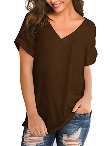 DittyandVibe Womens V-Neck T-Shirts Summer Casual Short Sleeve Tops with Pocket Brown XL