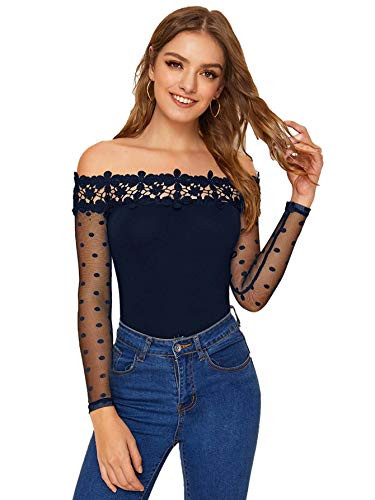 Floerns Women's Long Sleeve Off Shoulder Lace Contrast Blouse Tops Navy S