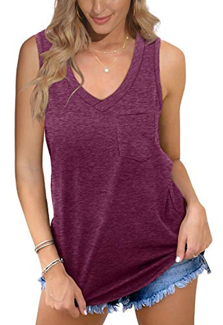 Jescakoo Pocket Tank Top Women Sleeveless V Neck Shirts Fashion 2021 Fuchsia M