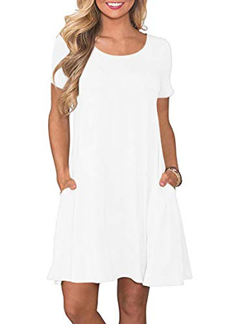 YMING Women's Short Sleeve Midi Dress A-Line Pockets Dress Casual Solid Beach Flowy Sundress White L