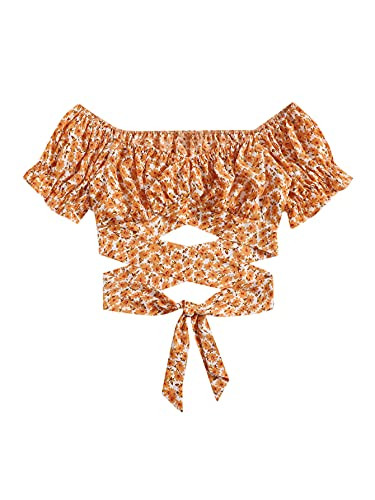 MakeMeChic Women's Ditsy Floral Print Tie Front Off Shoulder Short Sleeve Crop Blouse Top Orange M