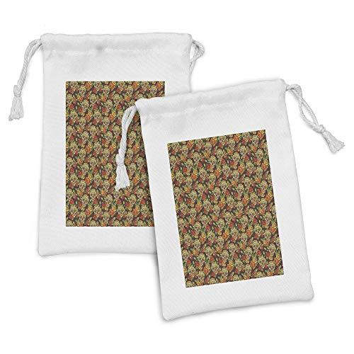 Ambesonne Sugar Skull Fabric Pouch Set of 2, Autumn Colored Flowers and Leaves Patterns in Smily Head Bones, Small Drawstring Bag for Toiletries Masks and Favors, 9" x 6", Pale Green Yellow Orange