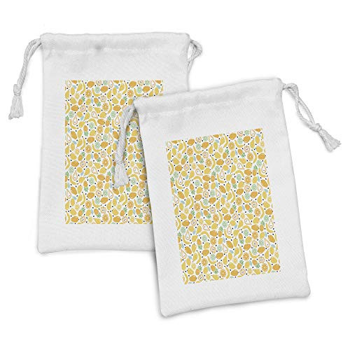 Ambesonne Fruits Fabric Pouch Set of 2, Bananas Lemons Apples Oranges Pears Pineapples, Small Drawstring Bag for Toiletries Masks and Favors, 9" x 6", Mustard Pale Orange