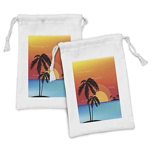 Ambesonne Oasis Fabric Pouch Set of 2, View of Palm Trees on an Island at Sunset, Small Drawstring Bag for Toiletries Masks and Favors, 9" x 6", Sky Blue Orange