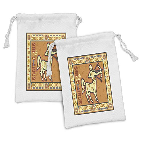 Ambesonne Astrology Fabric Pouch Set of 2, Horoscope with Arrow on Mystic Background Esoteric Myth Design, Small Drawstring Bag for Toiletries Masks and Favors, 9" x 6", Orange Yellow