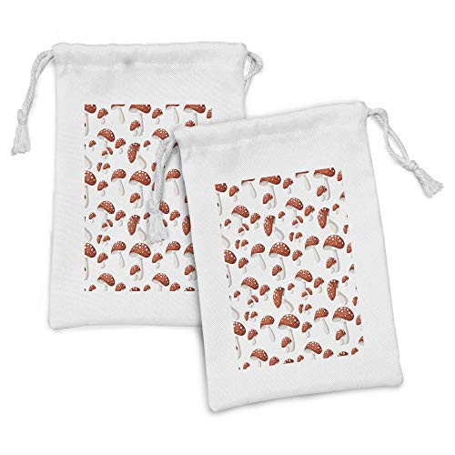 Ambesonne Nature Fabric Pouch Set of 2, Amanita Muscaria Mushrooms Motifs in Cartoon Style, Small Drawstring Bag for Toiletries Masks and Favors, 9" x 6", Burnt Orange Rust