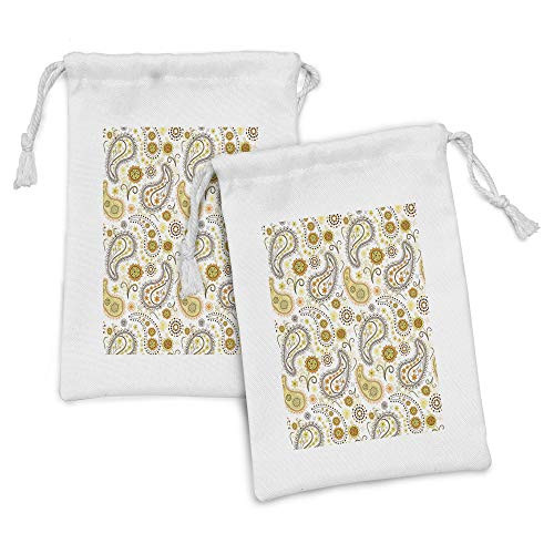 Ambesonne Sunflower Fabric Pouch Set of 2, Floral Pattern with Sunflowers and Paisley Vintage Boho, Small Drawstring Bag for Toiletries Masks and Favors, 9" x 6", Orange Yellow White