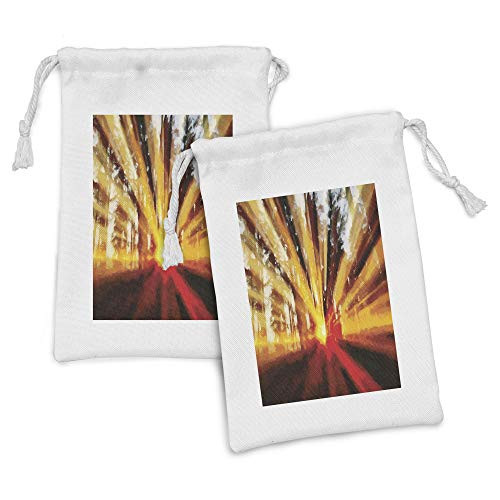 Ambesonne Country Fabric Pouch Set of 2, Photo of Sunbeams Trees at Sunset in the Forest Nature Scenery Print, Small Drawstring Bag for Toiletries Masks and Favors, 9" x 6", Yellow Orange