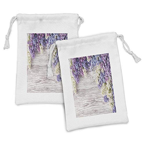 Ambesonne Rustic Fabric Pouch Set of 2, Lilac Flowers Bouquet on Wood Table Spring Nature Romance Love Theme, Small Drawstring Bag for Toiletries Masks and Favors, 9" x 6", Lilac Violet Dark Taupe