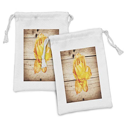 Ambesonne Rustic Fabric Pouch Set of 2, Rose Flower with Petals Beauty Romantic Work of Art Composition Foliage Image, Small Drawstring Bag for Toiletries Masks and Favors, 9" x 6", Orange Yellow
