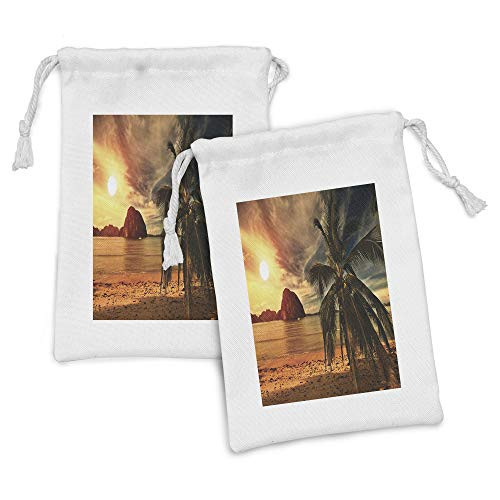 Ambesonne Tropical Fabric Pouch Set of 2, Exotic Beach with Coconut Palm Tree and Horizon Sunset Calm Panorama, Small Drawstring Bag for Toiletries Masks and Favors, 9" x 6", Orange and Olive Green