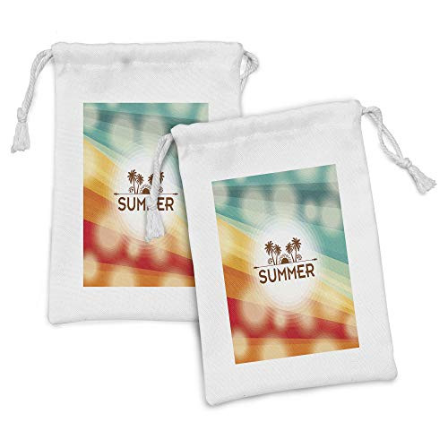 Ambesonne Summer Fabric Pouch Set of 2, Tropical Holiday Background with Palm Tree and Sun Exotic Vacation, Small Drawstring Bag for Toiletries Masks and Favors, 9" x 6", Orange Scarlet Teal