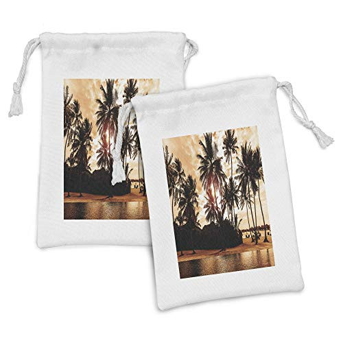 Ambesonne Beach Fabric Pouch Set of 2, Tropic Ocean Sea Love Bora Bora Island Palms Art Scenery View in Sunset Colors, Small Drawstring Bag for Toiletries Masks and Favors, 9" x 6", Orange and Brown