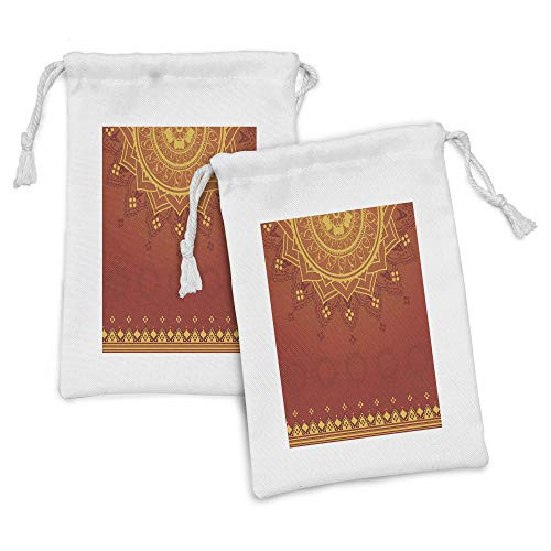 Ambesonne Lotus Fabric Pouch Set of 2, Background with Moroccan Traditional Featured Symbolic Boho Effect, Small Drawstring Bag for Toiletries Masks and Favors, 9" x 6", Marigold Orange