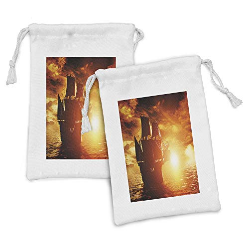 Ambesonne Pirate Ship Fabric Pouch Set of 2, Pirate Ship Sailing on the Ocean at Sunset in Full Sail Print, Small Drawstring Bag for Toiletries Masks and Favors, 9" x 6", Orange Yellow Black