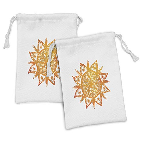 Ambesonne Orange Fabric Pouch Set of 2, Watercolor Style Hand Drawn Sun Mandala Print, Small Drawstring Bag for Toiletries Masks and Favors, 9" x 6", Orange White