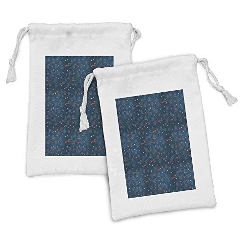 Ambesonne Winter Fabric Pouch Set of 2, Orange Birds on Leafless Tree Branches Snowy Woods Nature, Small Drawstring Bag for Toiletries Masks and Favors, 9" x 6", Petrol Blue Orange White