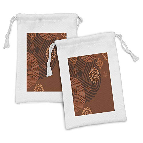 Ambesonne Earth Tones Fabric Pouch Set of 2, Composition Floral Intricacy Folk Details, Small Drawstring Bag for Toiletries Masks and Favors, 9" x 6", Brown Orange Peach