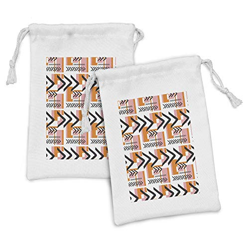 Ambesonne Geometric Fabric Pouch Set of 2, Hand Drawn and Grunge Looking Arrows Rectangles and Squares, Small Drawstring Bag for Toiletries Masks and Favors, 9" x 6", Orange Pale Pink Black