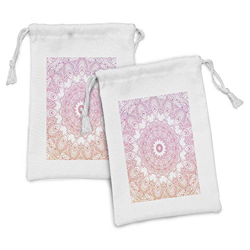 Ambesonne Mandala Fabric Pouch Set of 2, Outline Style Flower Themed Design with Ombre Effect Elements, Small Drawstring Bag for Toiletries Masks and Favors, 9" x 6", Orange Pink White