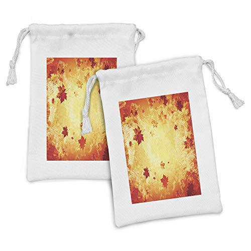 Ambesonne Fall Fabric Pouch Set of 2, Autumn Themed Abstract Grunge Composition with Maple Leaves Aged Effect, Small Drawstring Bag for Toiletries Masks and Favors, 9" x 6", Vermilion Orange Yellow
