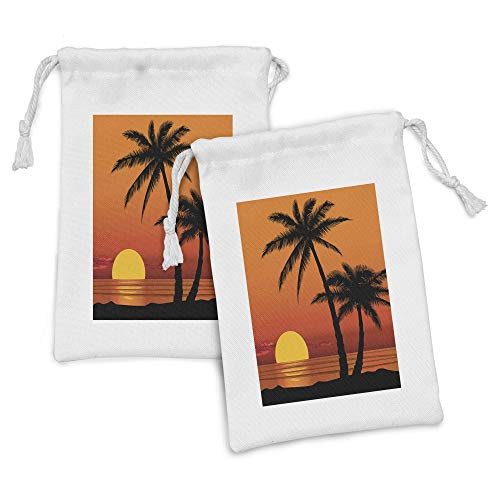 Ambesonne Palm Fabric Pouch Set of 2, Summer Holiday Themed Orange Tones Ombre Effect Sunset Sky with Tree Silhouettes, Small Drawstring Bag for Toiletries Masks and Favors, 9" x 6", Multicolor