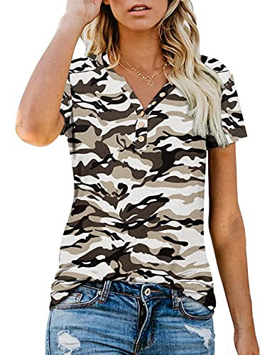 Magritta Camo Print Short Sleeve T-Shirt for Women V-Neck Henley Tops Casual Summer Tunic Brown M