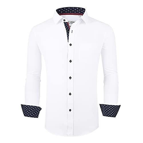 Alex Vando Mens Button Down Shirt Regular Fit Long Sleeve Casual Dress Shirts for Men,White,S