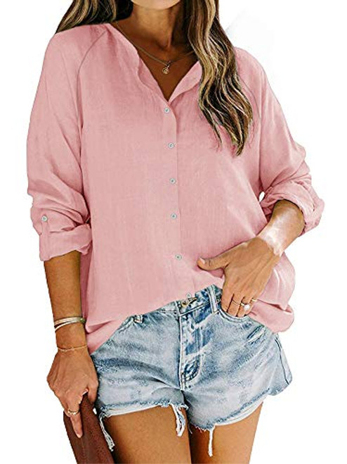 Womens Button Down Work Blouse Long Sleeve Cotton Linen Shirt Loose Casual Summer Tops Pink