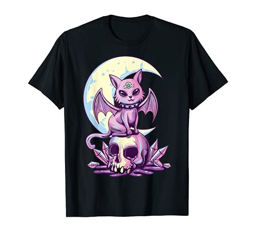 Pastel Goth Wiccan Cat Cute Creepy Witchy Cat and Skull T-Shirt