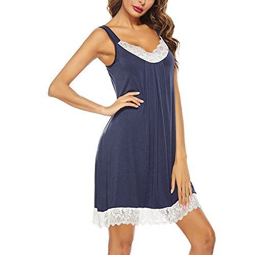 SWOMOG Womens Lace Nightgowns Sleeveless Sleepshirt Full Slips Chemise Sleepwear V Neck Nightshirt Short Sleep Gown Navy Blue