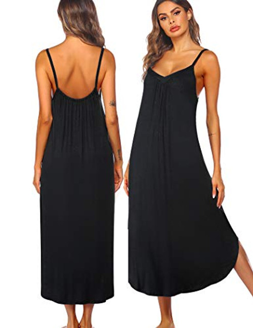 PEATAO Women's Nightgown Sleeveless Long Sleepwear Sexy Full Slip Sleep Dress Soft V Neck Chemise Sleepshirt Summer Black
