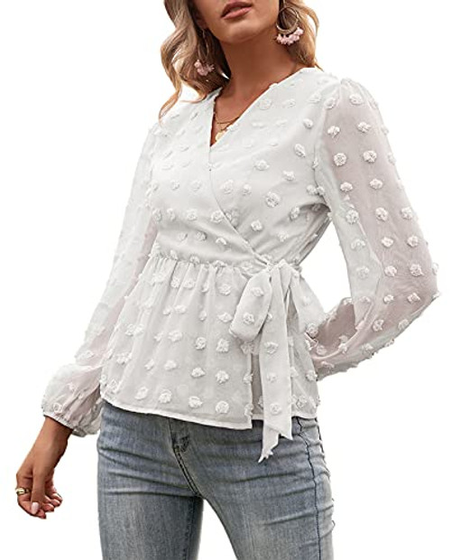 LERENSHA Womens Elegant Chiffon Blouse Long Sleeve V Neck Swiss Dot Ruffle Hem Tie Front Peplum Wrap Tops Pom Pom Shirts White LERENSHA Womens Elegant Chiffon Blouse Long Sleeve V Neck Swiss Dot Ruffle Hem Tie Front Peplum Wrap Tops Pom Pom Shirts White