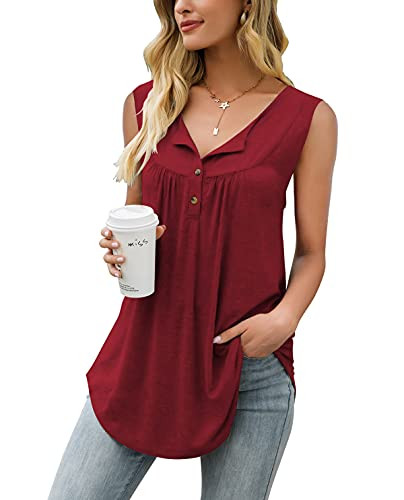 AMCLOS Womens Tops V Neck Tanks Summer T-Shirts Swing Flowy Tunic Sleeveless Casual Loose Blouses -Wine red, XL-