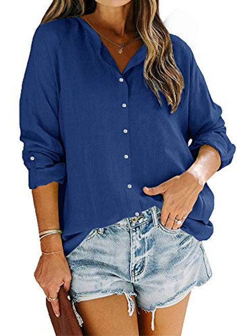 Womens Button Down Work Blouse Long Sleeve Cotton Linen Shirt Loose Casual Summer Tops Blue