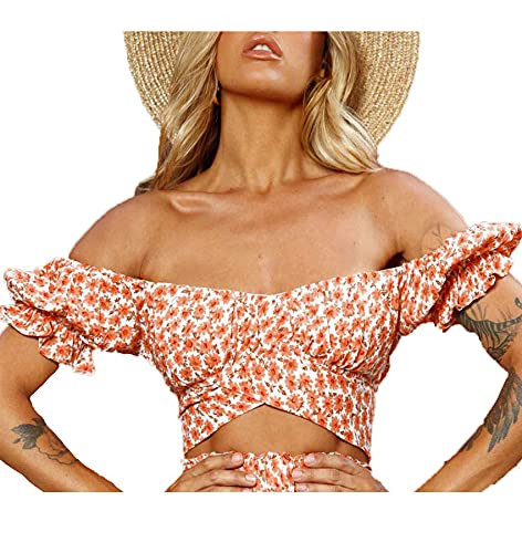 Short Sleeve Ruffle Off The Shoulder Crop Tops for Women Slim Fit Self Tie Knot Back Casual Dressy Boulse Orange Medium