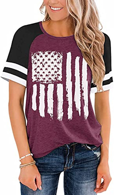 American Flag Shirt Short Sleeve Women 4th of July Shirts Patriotic T-Shirt Star Stripes USA Tee Tops Wine Red Large