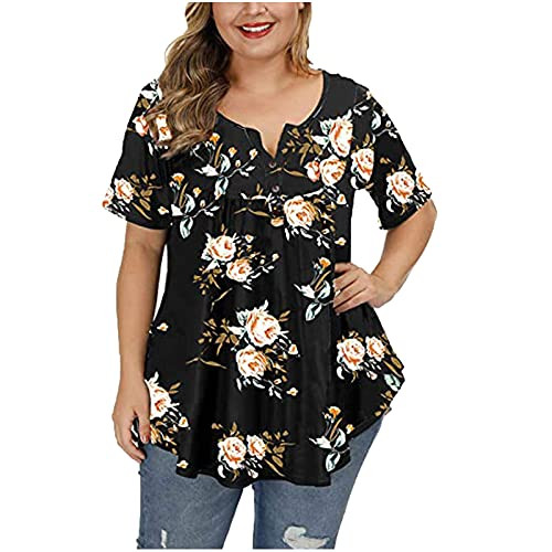Summer Women Plus Size Tops, Fashion Floral Short Sleeve T-Shirts, Button V-Neck Loose Fit Tunic Tops Blouses Tee