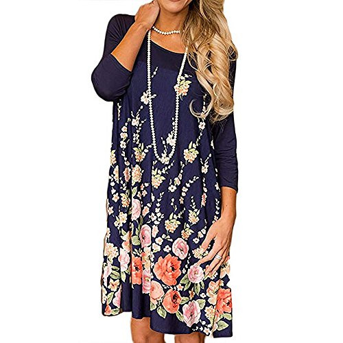 Shakumy Women Floral Print Long Sleeve Crew Neck T Shirts Dress Casual Loose Sundress Tunic Tops Dress Boho Mini Short Dress