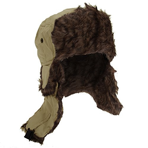 Floso Mens Faux Fur Lined Showerproof Thermal Trapper Hat -22.8in- -Dark Sand/Brown Fur-