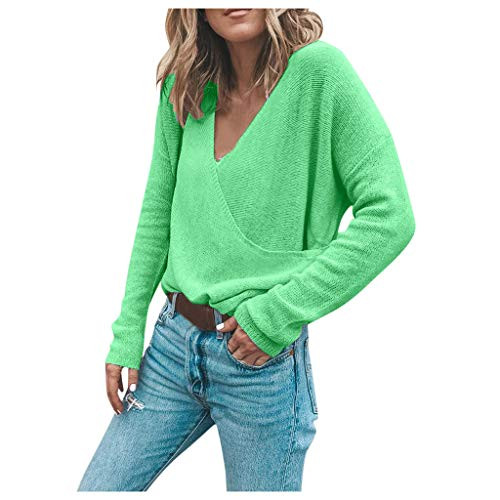 Ulanda Womens Deep V Neck Wrap Solid Loose Lightweight Sweaters Long Sleeve Waffle Knit Pullover Tops Shirts Green