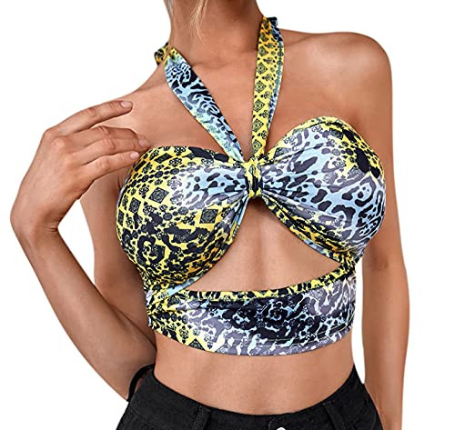 Women Tie Dye Halter Crop Top Cut Out Bustier Criss Cross Bandage Wrap Tank Top Camisole Yellow Women Tie Dye Halter Crop Top Cut Out Bustier Criss Cross Bandage Wrap Tank Top Camisole Yellow