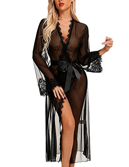 RSLOVE Lingerie for Women Sexy Long Lace Kimono Robe Mesh Chemise Sheer Gown Babydoll Cover Up Black M