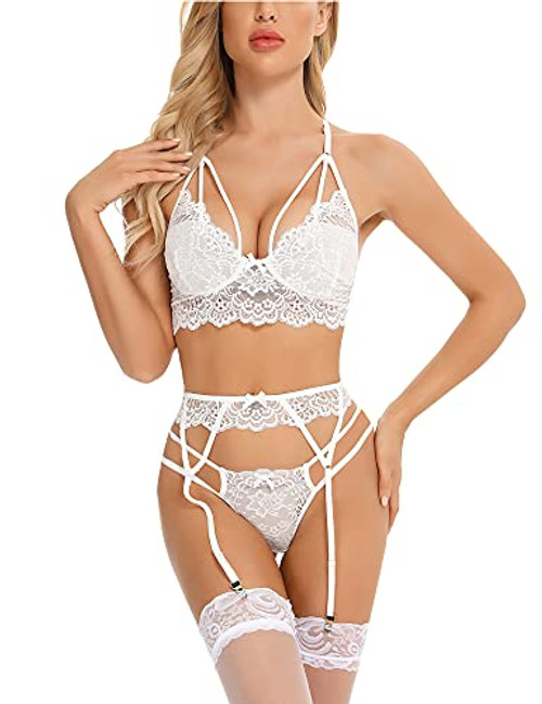 RSLOVE Women Lingerie Sets with Garter Belt 3 Piece Lace Teddy Babydoll Bodysuit White M RSLOVE Women Lingerie Sets with Garter Belt 3 Piece Lace Teddy Babydoll Bodysuit White M