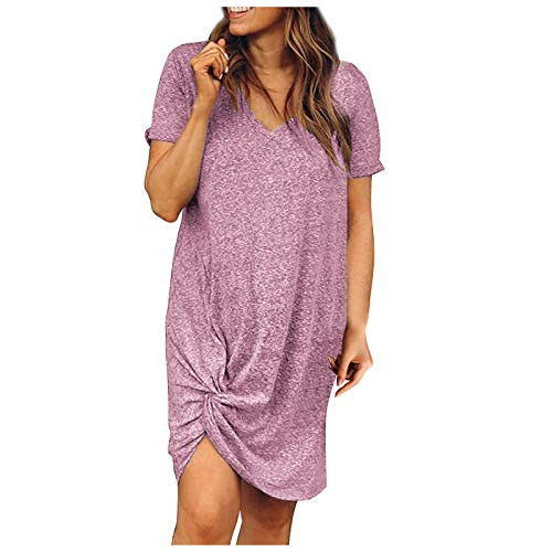 WUHOVILA Women's Summer Dress Twist Knot T Shirt Dresses Casual V Neck Short Sleeve Knot Dress Pink