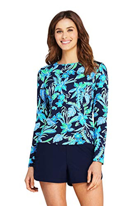 Lands' End Womens Long Sleeve Swim Tee Rash Guard Deep Sea Sealily Floral Regular Small