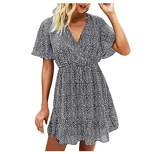 Womens Floral Print Dress Polka Dot Print Ruffle Short Sleeve Mini Floral Dress Summer Wrap V Neck Dress with Belt Black